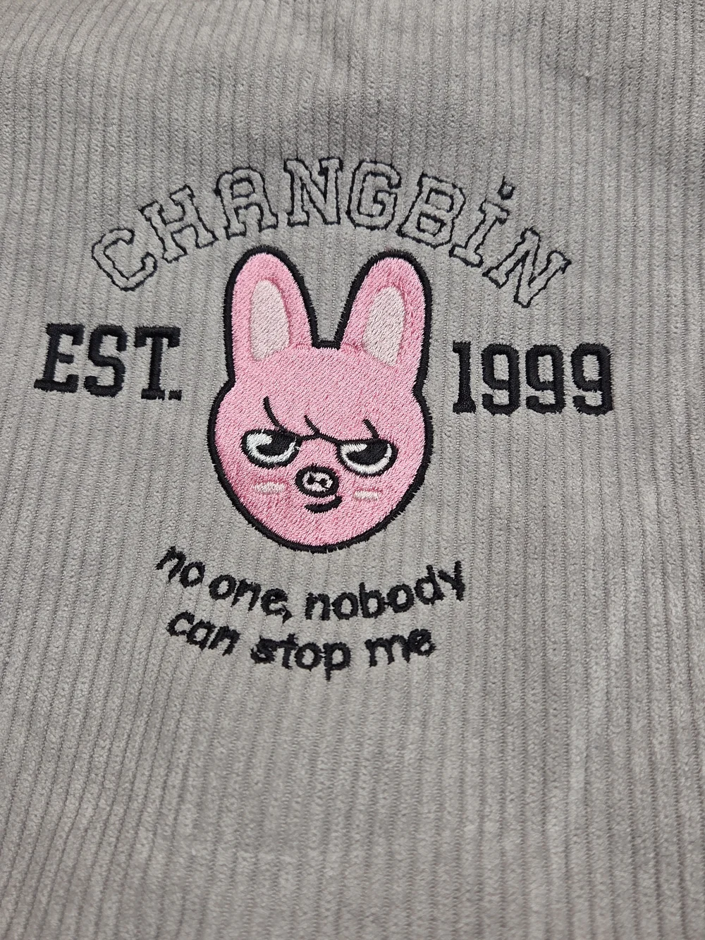 Light Gray Corduroy Shoulder Bag with Pink Bunny Embroidery Your Kpop Idol